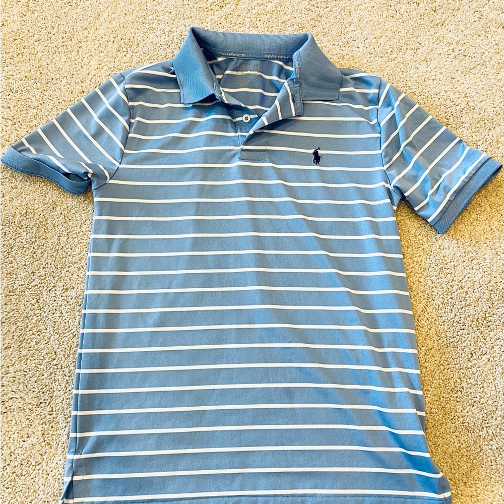 Polo boys size M (10/12) dry fit periwinkle blue and white stripe golf shirt.